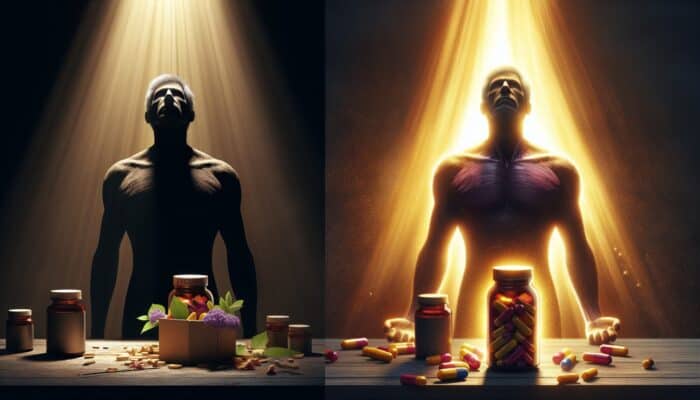 A fatigued individual in a dimly lit room discovers a vibrant supplement bottle, transforming into an energetic, joyful figure illuminated by warm golden light.