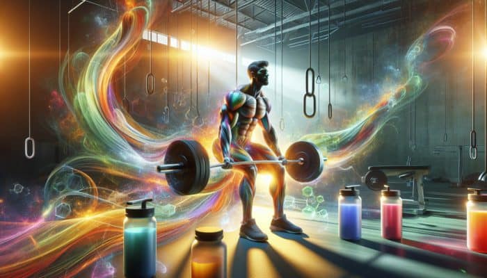 Muscular athlete lifting weights in a sunlit gym, surrounded by glowing supplement bottles and protein shakes for muscle growth.