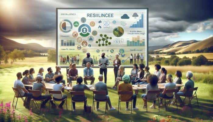A diverse group in a sunlit park discusses resilience, building support networks amid rolling hills and stormy skies.
