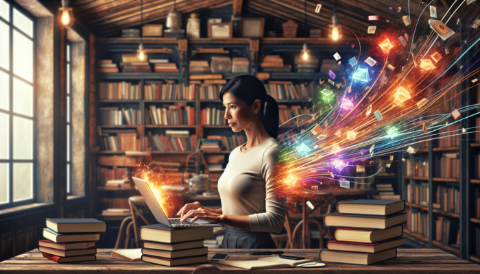 Focused business owner in Nailsworth bookstore reviews Google Analytics on laptop, showing 25% SEO sales surge amid books and charts.