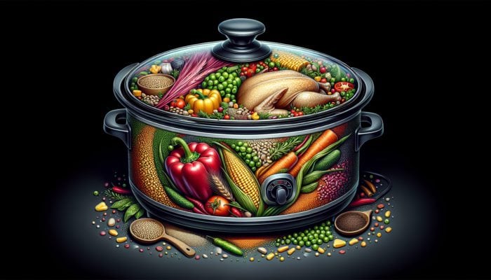 A vibrant slow cooker stew with lean chicken, colourful vegetables, lentils, and whole grains, seasoned with herbs and spices.