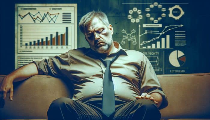 What Symptoms May Indicate Low Testosterone?: A middle-aged man with weary expression, reduced muscle mass, and waist fat, sitting exhausted on a couch in a dim room.