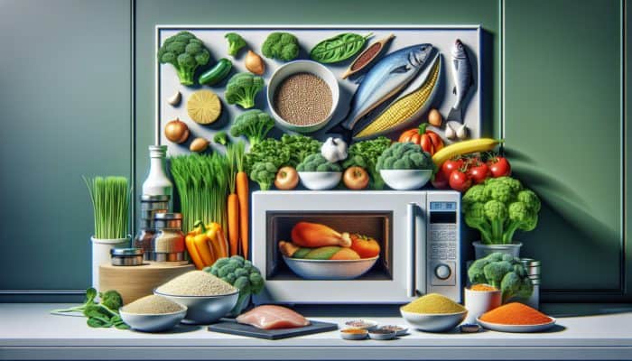 A selection of fresh vegetables, proteins, and grains ready for microwave cooking.