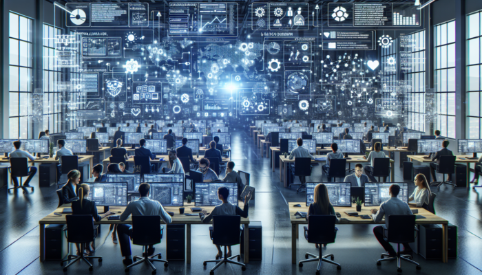 Developers collaborating in a bustling Chard office on e-commerce projects, with screens showing Shopify, WooCommerce, Magento, Sage Pay, Worldpay, Google Analytics, and Mailchimp.