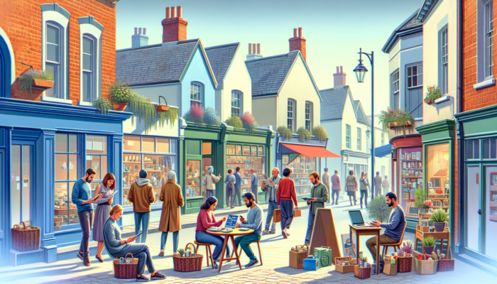Small business owners in Verwood engaging with social media on devices outside quaint shops, attracting diverse customers under a bright sky.
