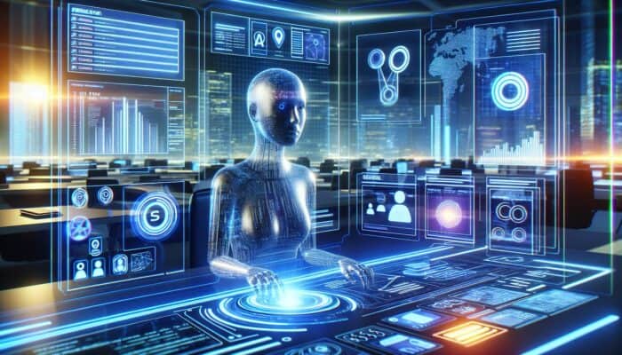A futuristic AI hologram named Alli analyses SEO data on a glowing dashboard with rising graphs, keywords, and search engine icons in a high-tech control room.