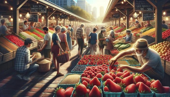 A vibrant farmers' market with seasonal organic produce, bulk bins, and discount signs for bulk purchases.