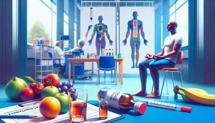 A patient in a modern UK clinic prepares for a testosterone test, surrounded by fresh fruits, a discarded alcohol glass, and a yoga pose.