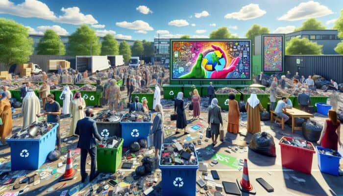 Sunny UK recycling center with citizens dropping off electronics at WEEE points, educational posters, and stacks of e-waste.