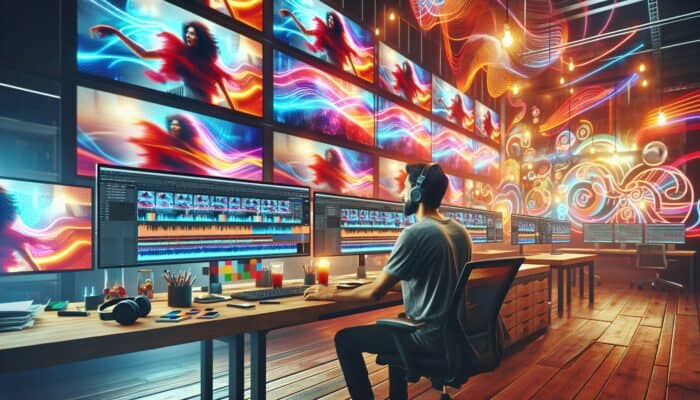A video editor in a modern studio, surrounded by screens showing vibrant footage with smooth transitions and syncing music waves.