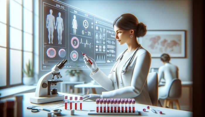 Understanding the Beta-HCG Test: A female doctor in a white coat analyses a blood sample for beta-HCG in a modern NHS clinic, surrounded by medical charts and equipment, representing early pregnancy detection.