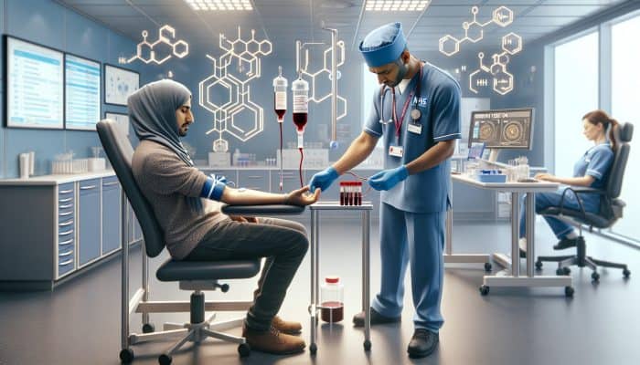 Ferritin Blood Test in West Bromwich: A focused NHS nurse in blue scrubs draws blood from a patient's arm in a modern West Bromwich clinic, surrounded by sterile equipment and iron charts.