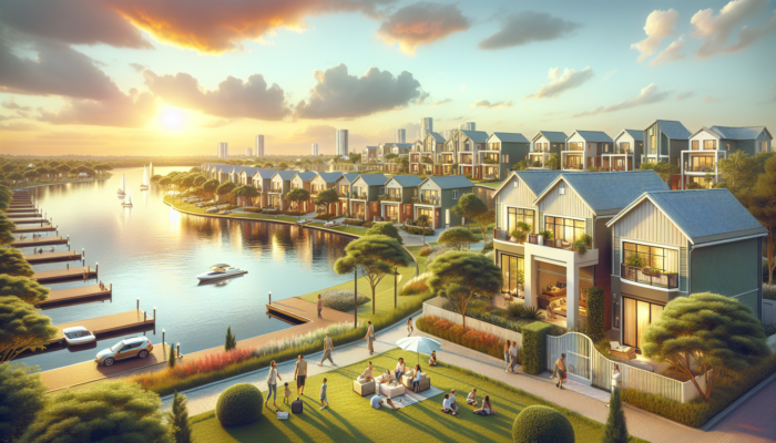 Vibrant Richards Bay neighborhood showcasing modern townhouses and waterfront apartments, with families enjoying lush greenery under a golden sunset.