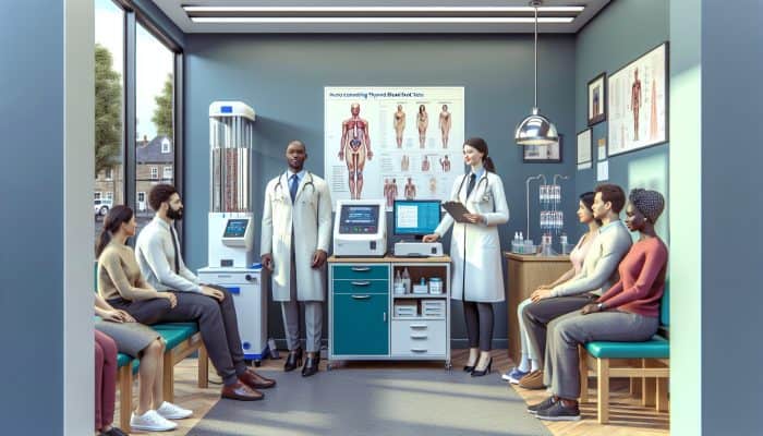 A cozy clinic in Potters Bar where friendly staff assist diverse patients with personalised thyroid tests, emphasising convenience and modern equipment.