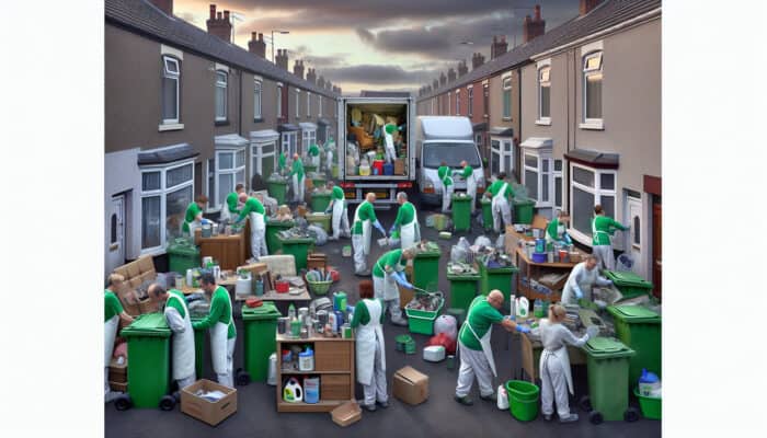 Workers in eco-friendly gear sort recyclables into green bins, clean furniture with biodegradable products, and load donated items onto a charity van under an overcast sky.