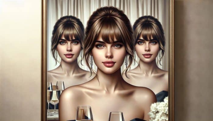 Young woman showcasing versatile curtain bangs: casual blowout, gentle waves for dinner, and sleek updo in mirror montage.