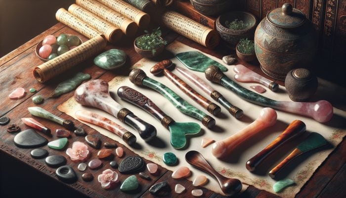 Gua Sha Tools in Acupuncture: Set of traditional Chinese gua sha tools made from jade, rose quartz, and buffalo horn on a wooden table with herbs and scrolls.