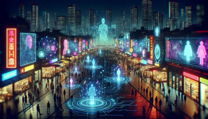 Futuristic neon-lit city marketplace with holographic AI assistants interacting with diverse users via AR interfaces.