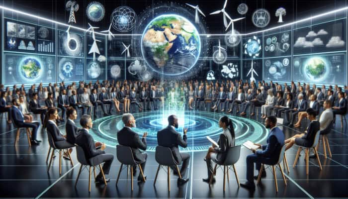 Diverse experts discuss carbon footprint reduction via virtual assistants at a summit with holographic Earth, wind turbines, and digital screens.
