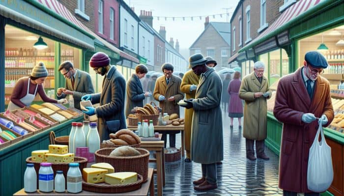 Can Food Intolerances Cause Fatigue Bloating or Skin Issues?: Multicultural people in a rainy British market examining labels on milk, cheese, and bread, showing subtle discomfort from food intolerances.