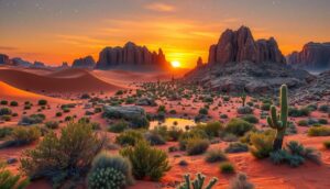 A vivid desert landscape at sunset features orange sand dunes, rocky formations, and green cacti—ideal for Scenic Adventures. Warm hues glow as the sun sets behind jagged mountains, casting dramatic shadows across this serene California Desert Parks scene.