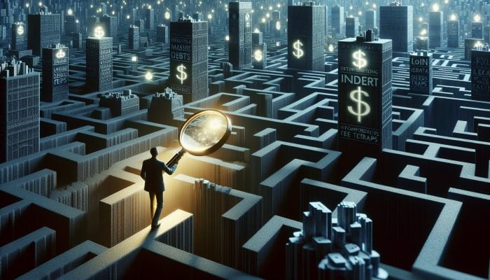 Strategies for Managing Vacation Debt: Effective Tips for UK Residents | DCL Navigator maneuvering through a shadowy maze of towering debt stacks and hidden fee traps, using a glowing magnifying glass to scrutinise lender documentation.