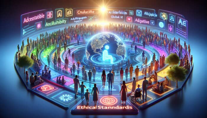 In a futuristic digital landscape, diverse people with disabilities interact with vibrant, adaptive AI interfaces promoting global accessibility and inclusivity.
