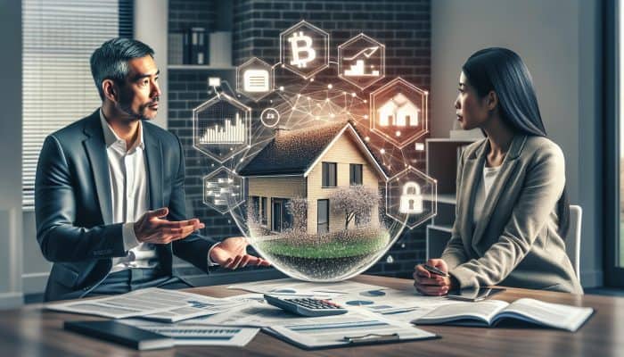 Financial advisor discussing debt strategies with homeowner in modern UK office, surrounded by interest rate charts, model house, and lender documents.