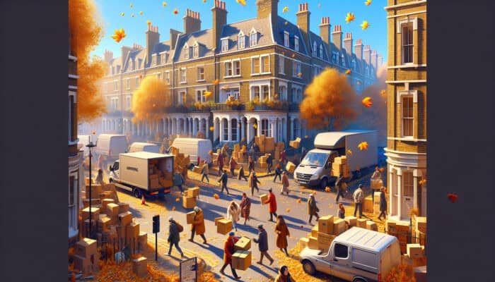 Seasonal Trends in UK House Clearance: Bustling London street in autumn: people in coats carrying boxes from a Victorian house to a moving van, with golden leaves falling.