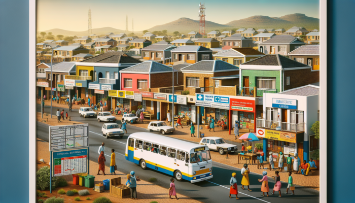 A vibrant Mthatha street in an affordable neighborhood, with colorful modest homes, families walking to schools and shops, a visible health clinic, buses passing, under sunny skies.
