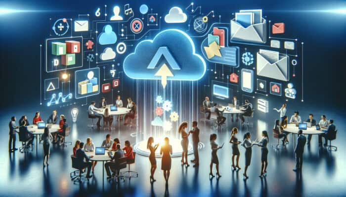 Teams collaborating in a vibrant digital workspace with holographic Google Drive and Dropbox screens, files floating in a secure cloud.