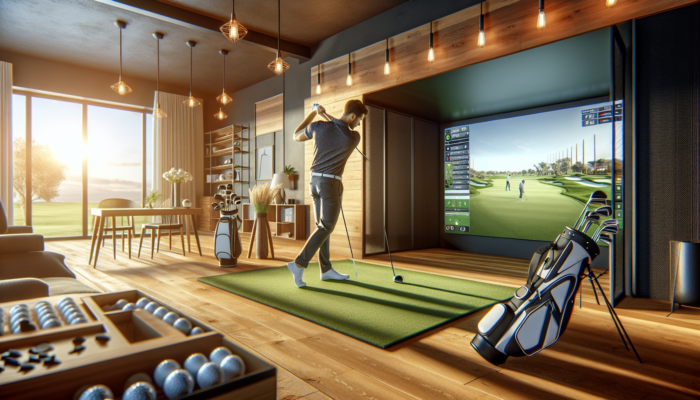 Focused Golfer Practicing on a High-Tech Indoor Simulator