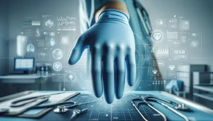 Examination vs Surgical Gloves: Close-up of blue examination gloves on a healthcare worker's hands in a sterile UK clinic, with medical tools and bright lighting in the background.