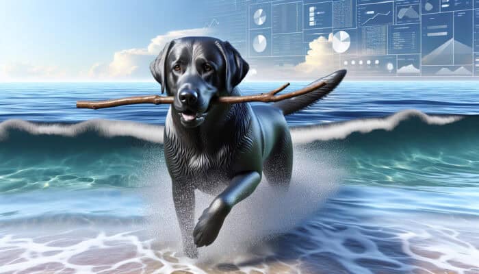 Purebreds Are Healthier Than Mixes: A majestic black Labrador Retriever with glossy coat and friendly eyes, retrieving a stick from ocean waves on a sunny beach.