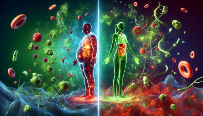 A split human figure illustration: chaotic red hormones cause overweight on one side, balanced green hormones show a slim body in a biological landscape.