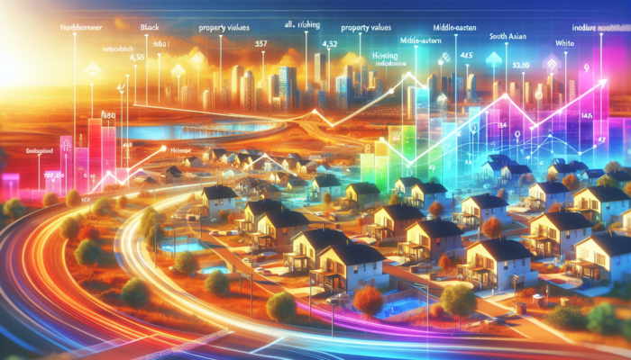 A futuristic Colesberg landscape with modern homes under construction, families moving in, rising value graphs, and new roads at sunrise.
