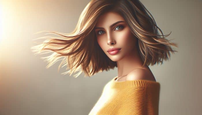 Refining Flip Hairstyles For Playful Ends: A young woman with shoulder-length flip hairstyle, ends turned outward for volume and bounce in soft golden sunlight.