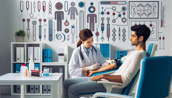 Fertility Blood Test in Kenilworth: A phlebotomist in a white coat draws blood from a patient's arm in a modern Kenilworth clinic, surrounded by sterile tools and hormone charts.