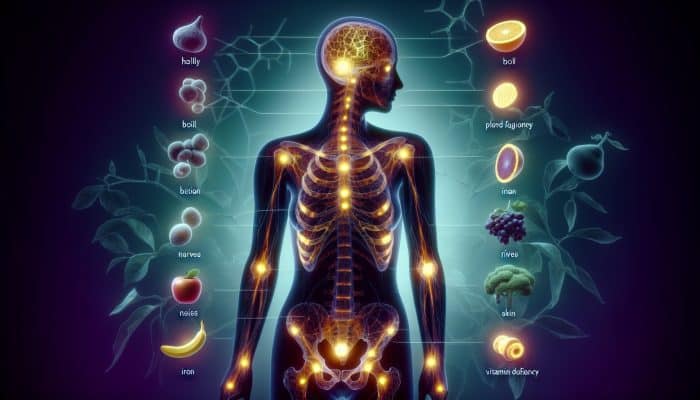 Understanding Nutritional Deficiencies: Surreal human silhouette with glowing voids for deficiencies: brittle bones, faded vessels, frayed nerves, dimmed skin, amid vibrant fruits and minerals.