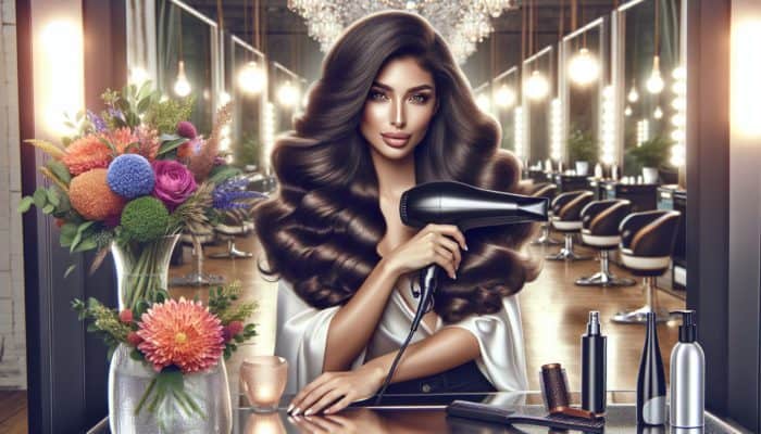 A confident woman with long, voluminous brunette hair in bouncy curls holds a hair dryer in a sunlit salon, surrounded by mirrors, tools, and flowers.
