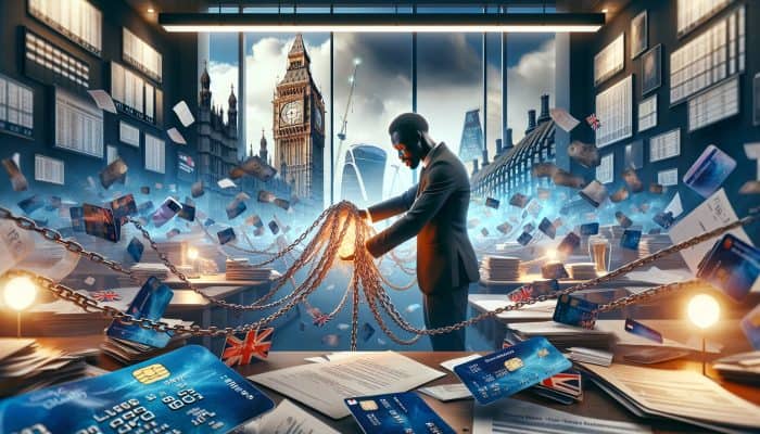 Do You Need a Job for Debt Consolidation: Key Considerations | DCL A determined person in a modern London office merges tangled credit cards and bills into a glowing loan document, with Big Ben and Union Jack in the background.