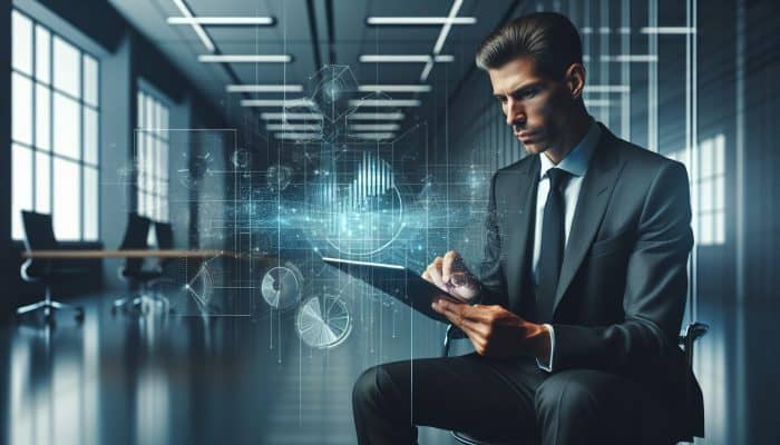 Do You Need a Job for Debt Consolidation: Key Considerations | DCL A professional in a modern office reviews employment data on a tablet, surrounded by holographic debt consolidation graphs.