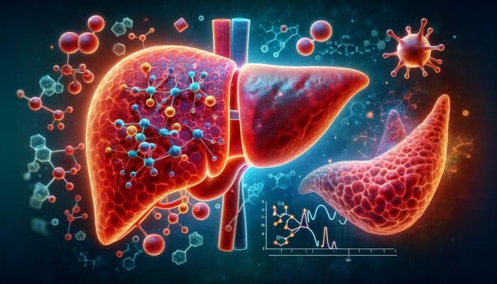 Illustration of a human liver: one side healthy with normal enzyme activity, the other inflamed and enlarged from alcohol, surrounded by floating molecules and rising enzyme graphs.