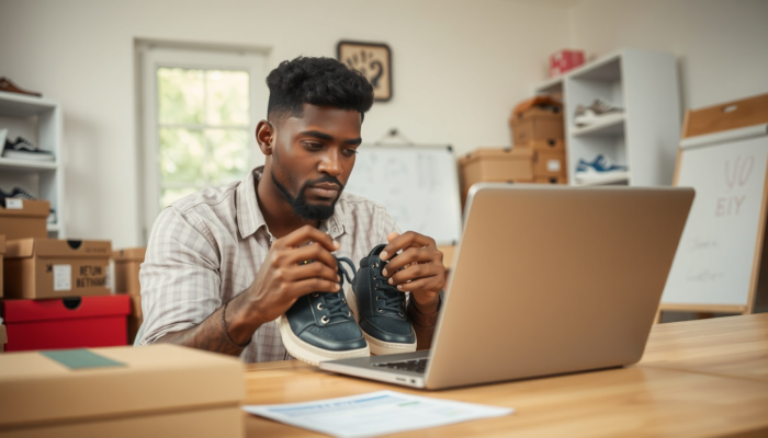 Person thoughtfully examining shoes in a cozy room with shoe boxes and a laptop displaying a return policy document.