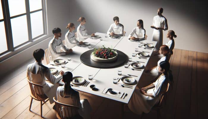 Experts in white aprons discuss around a wooden table with a plated dish of berries and herbs on a black surface in natural light.