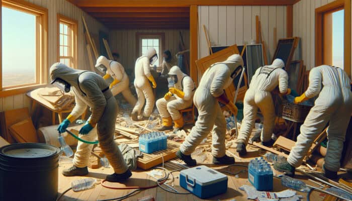 Summer Safety Tips for House Clearance: Workers clearing a cluttered house in summer heat, sweating with sunburned skin, navigating unstable furniture and sharp objects while wearing protective gear.