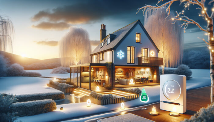 A modern UK home in snowy winter, featuring a smart thermostat, A-rated boiler, and underfloor heating in golden light.