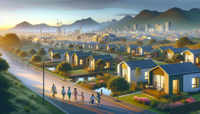 Phalaborwa neighbourhood at dawn: affordable modern homes in lush greenery near Kruger Park, families heading to a bustling mining company.