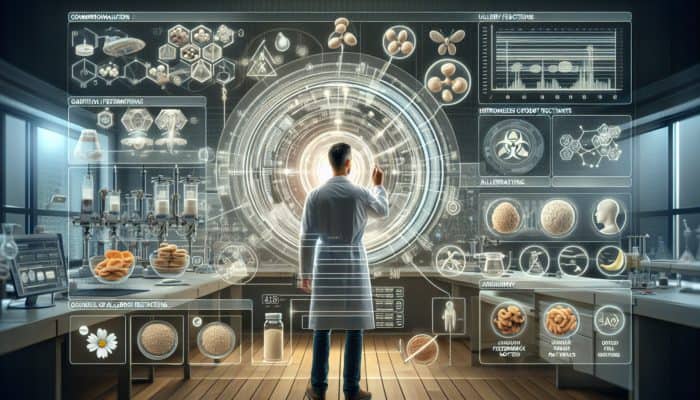 Scientist in a modern lab reviews digital charts of allergy reactions, surrounded by safe food samples, user feedback notes, and ingredient graphs.
