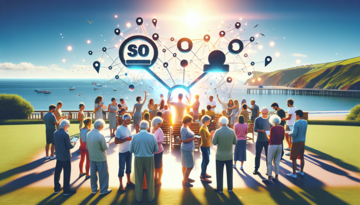 In Budleigh Salterton, locals collaborate at a community event, using digital devices to build glowing backlinks for e-commerce under a sunny sky.